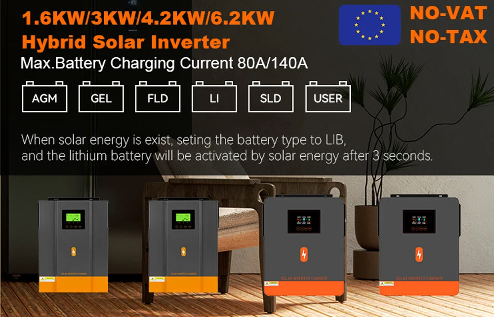 PowMr Hybrid Solväxelriktare 2kW–11kW – Ren Sinusvåg MPPT 120A 12V/24V/48V 220V LiFePO4/Litium/Blåsyra WiFi EU-lager CE