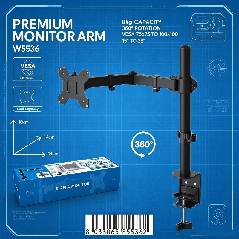 WETECH W5536 Single Monitor Desk Mount Bracket Dual Adjustable Arm Max Load 8kg Fit 15-33 Inch Monitor 360° Rotation +45° Tilt Support VESA 75x75 100x100 Clamp-on Monitor Stand
