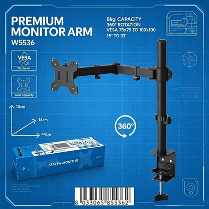 WETECH W5536 Single Monitor Desk Mount Bracket Dual Adjustable Arm Max Load 8kg Fit 15-33 Inch Monitor 360° Rotation +45° Tilt Support VESA 75x75 100x100 Clamp-on Monitor Stand