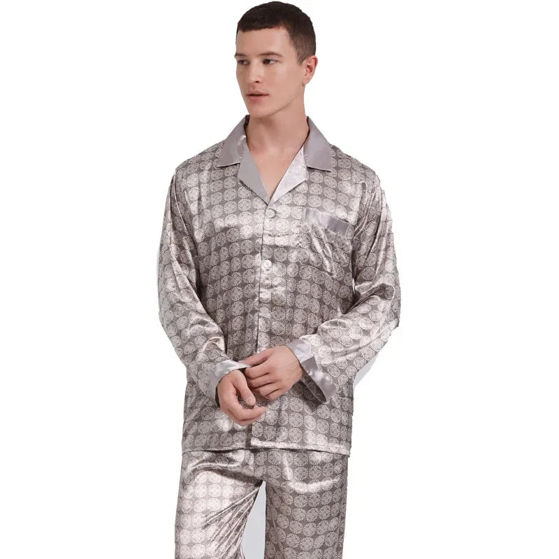 Herr Silk Satin Pyjamas 2-delad – Långärmad Topp & Byxor Tryckt Mönster, Svart/Röd/Marinblå