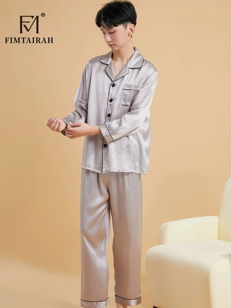 Fimtairah Real 19MM 100% Mulberry Silk Pajamas Men's Autumn  Hangzhou Solid Color heavy Silk Home Wear Men's