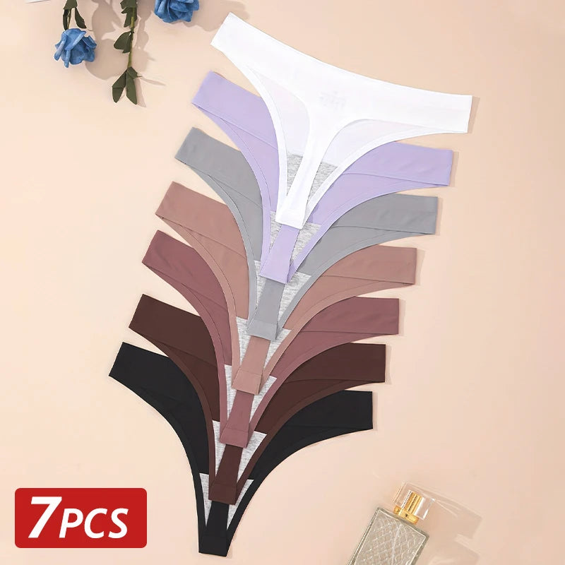 7PCS/Set Ice Silk Seamless Women G-String Panties Sexy Low-Waist Thongs T-Back Female Solid Color Soft Underwear Utral-Thin Pant