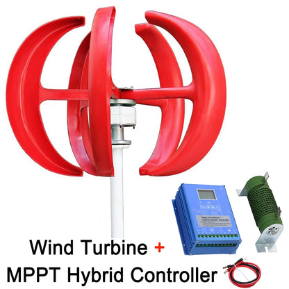 Vertikal Vindturbin 500W Lykta-design 12V/24V – Låg Startvindshastighet MPPT eller Hybrid Sol+Vind Regulator, Röd/Vit