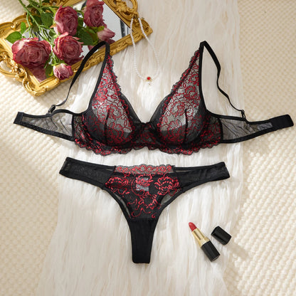 Sexig spets-BH och trosor - Svart/rött lingerieset ZA825161