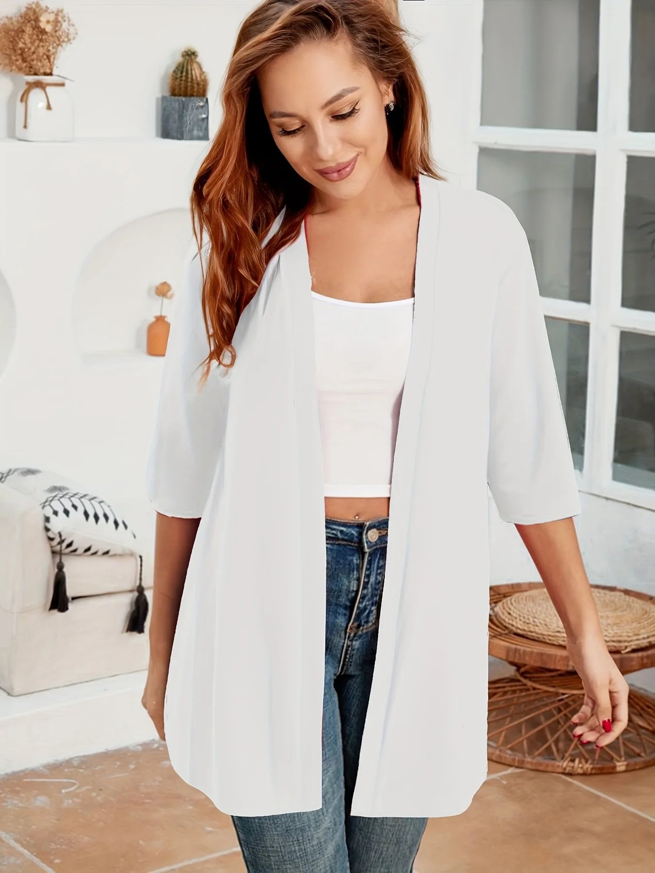 Dam Plus Size Elegant Kofta – Halvlång 3/4-ärm Hög Stretch Öppen Casual Höst/Vinter, 9 Färger XL–4XL