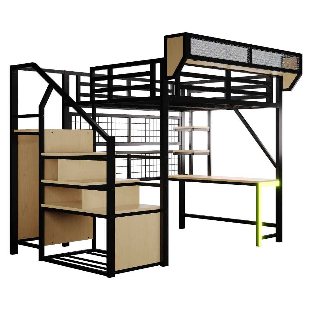 90×200cm & 140*200cm Metal High Bed, with Desk, Shelf and Storage Net, Complete with Safety Ladder, LED Lighting and Socket