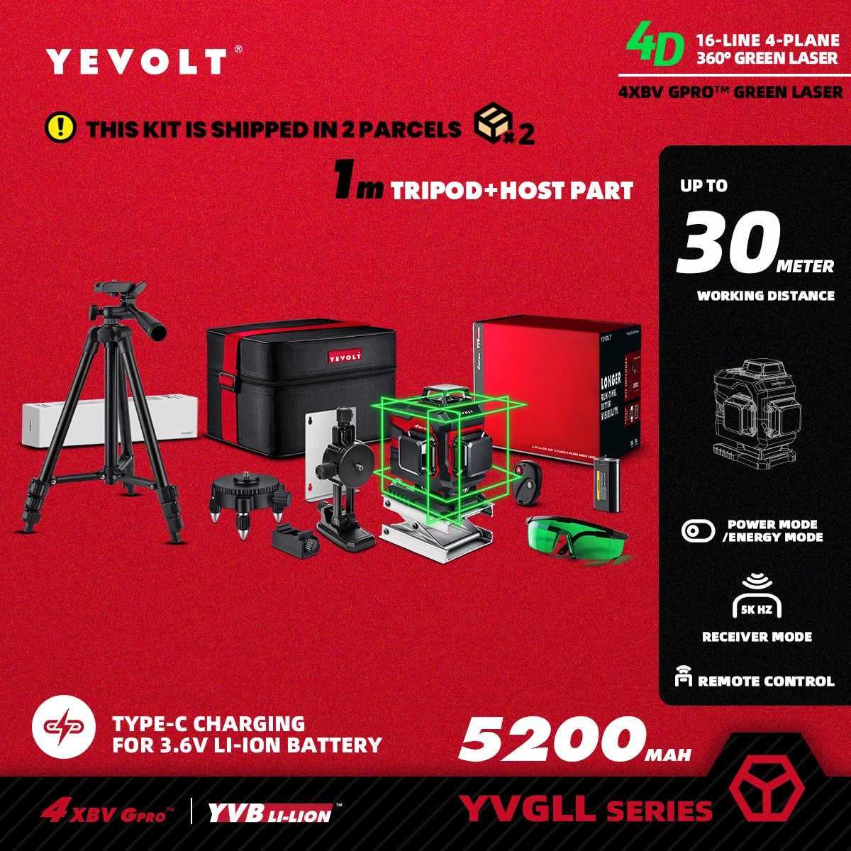 YEVOLT YVGLL4XS16 Grön Lasernivå – 4 Plan, 16 Linjer, Självnivellerande 360° 3D