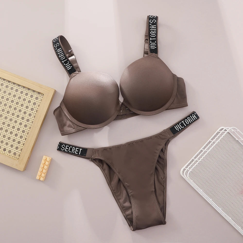 Victoria Secret Shine Script Thong Panty Very Sexy Logo Shine Strap Push Up Bra Set Sexy Women Lingerie Hot