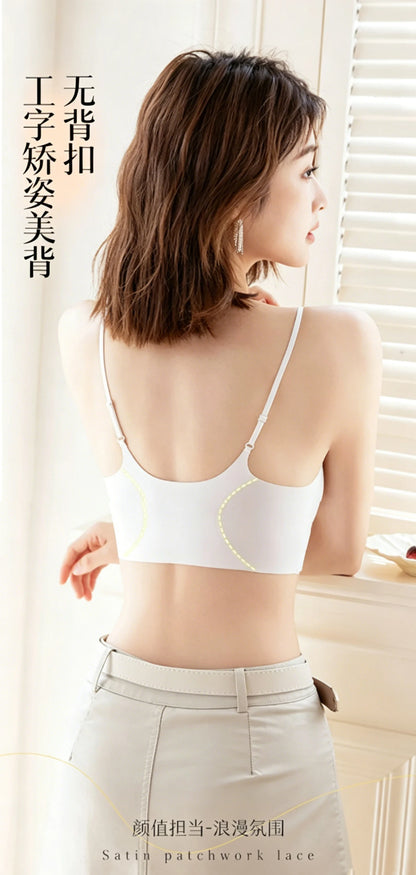 French Lace Bra V Neck Seamless Bra Women's Adjustable Thin Strap Wireless Thin Cup Layering Base Intimates Lingerie Solid S-XL