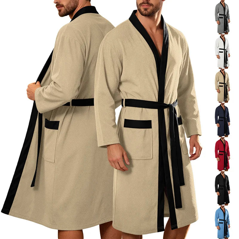 Men's Bathrobe Long Sleeves Kimono Style Spa Robe with Belt Pockets Soft Comfortable Sleepwear Loungewear for Home Hotel Use