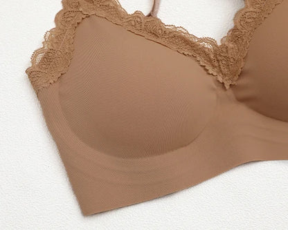 French Lace Bra V Neck Seamless Bra Women's Adjustable Thin Strap Wireless Thin Cup Layering Base Intimates Lingerie Solid S-XL