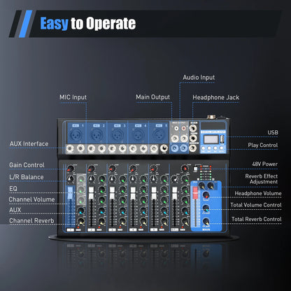 7/8-Channel Professioneller Mixer, Soundboard Konsole with Bluetooth USB PC Recording Input XLR Microphone Jack