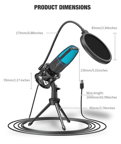 USB Microphone RGB Microfone Condensador Wire Gaming Mic for Podcast Recording Studio Streaming Laptop Desktop PC