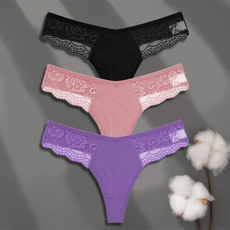 FINETOO 3-pack spetsstring i bomull med låg midja