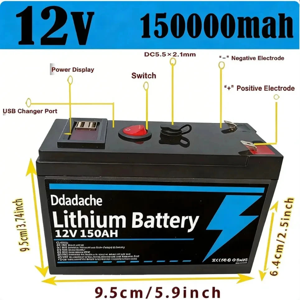 LiFePO4 Batteri 12V 150Ah – 4000+ Djupcykler, Smart BMS, ~10års Livslängd, ca 1,1kg, 18650-celler, Kajak/Båt/Sol/UPS/Off-Grid, EU-lager (Frankrike)
