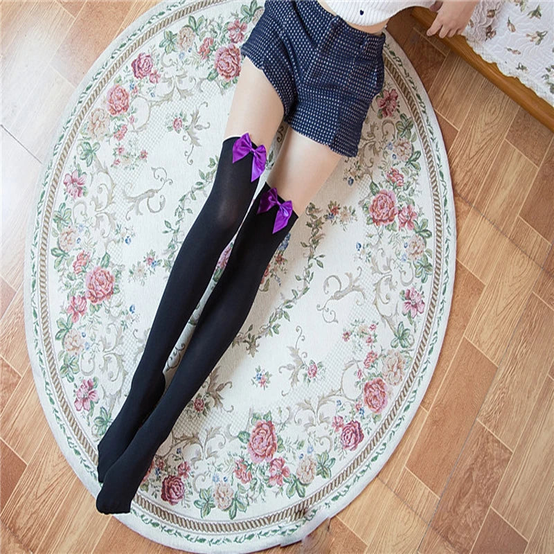 Dam Overknee Strumpor med Satinrosett – Elastiska Spets Tights Kväll & Fest, 3 Färger
