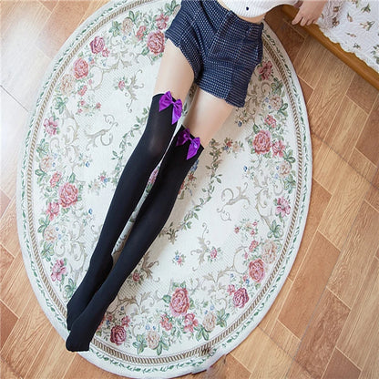Dam Overknee Strumpor med Satinrosett – Elastiska Spets Tights Kväll & Fest, 3 Färger