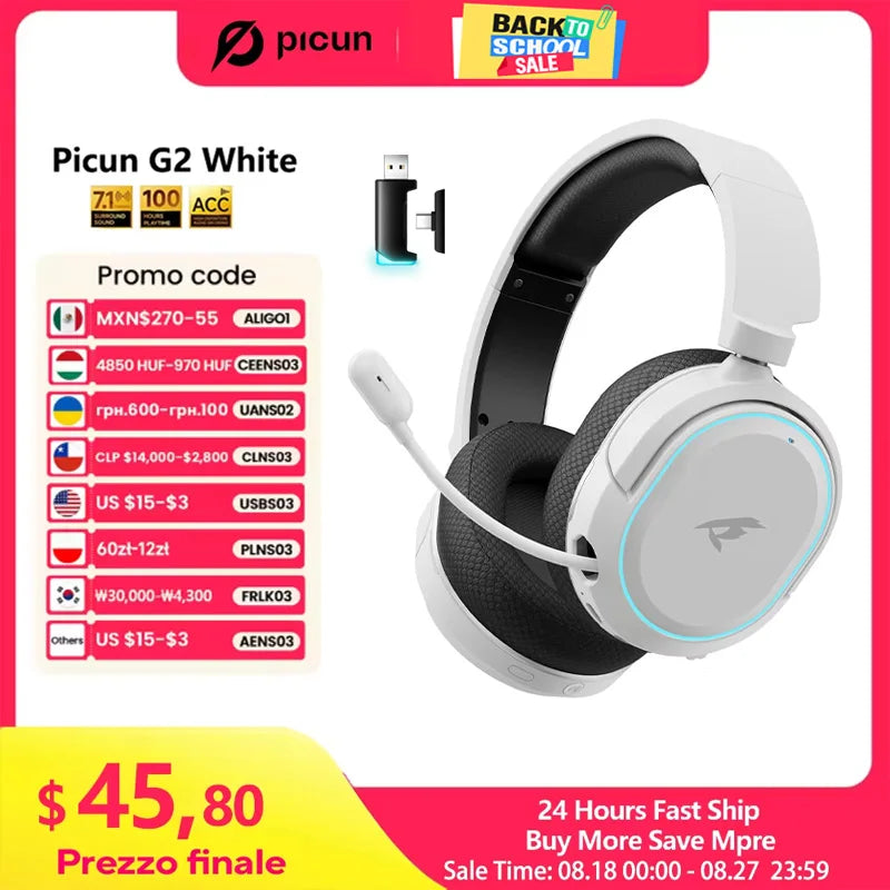 Picun G2 Trådlöst Gaming Headset – Bluetooth 2.4GHz 7.1 Surround 5ms ENC 100h 1000mAh AAC CE/FCC/RoHS PS4 PS5 PC Switch