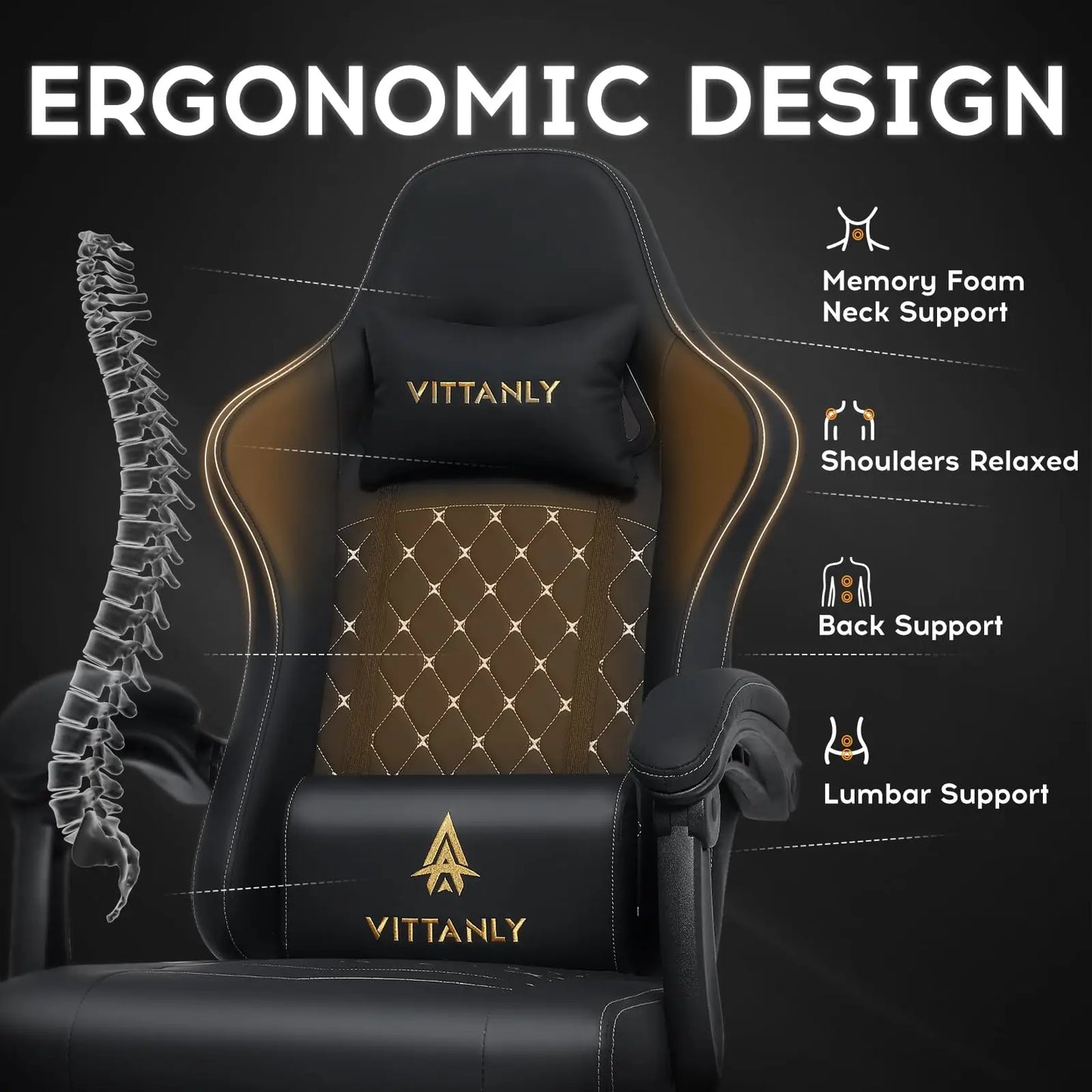 Vittanly Gaming Chair Ergonomic Gaming Chair with Headrest, Lumbar Cushion and Footrest, Height-Adjustable Rotating Office Chair
