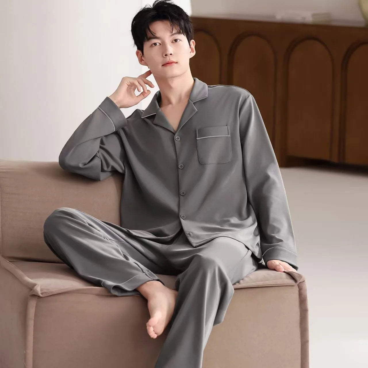 Casual Spring and Autumn Pajamas for Men, New Versatile Cardigan Long-Sleeved Long Pants Set, Simple and Stylish, Plus-Size Loungewear