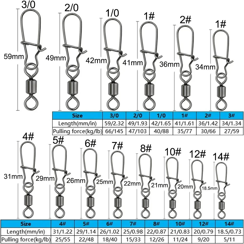 50pcs/box Swivel Snap Connector Pin Rolling Ring Fishing Tackle Box Buckle Hook Lure Kit Wire Rotate Bearing Pesca Tool Gear