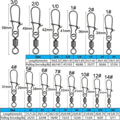 50pcs/box Swivel Snap Connector Pin Rolling Ring Fishing Tackle Box Buckle Hook Lure Kit Wire Rotate Bearing Pesca Tool Gear