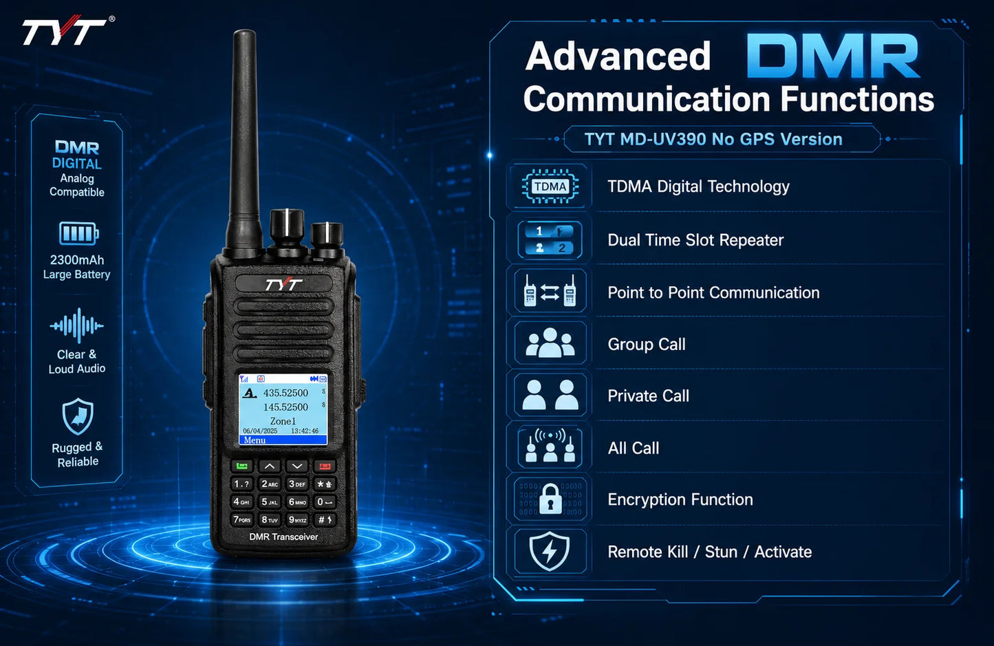 TYT MD-UV390 Dual Band DMR Two Way Radio VHF UHF Digital Analog Handheld Walkie Talkie GPS IP67 3000 Channels