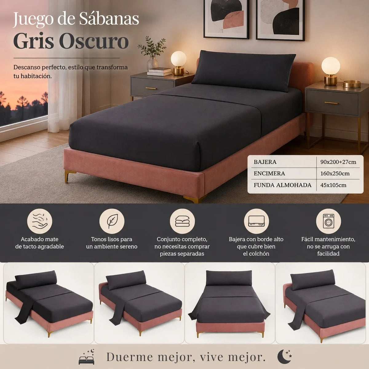 Lakanset 90 × 200 cm i polyester – resårlakan, överlakan och örngott