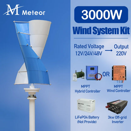 Vertikal Vindturbin 2kW/3kW 12V/24V/48V – Låg Startvindshastighet MPPT Boost, Hybrid Sol+Vind eller Off-Grid Ren Sinusvåg 220V