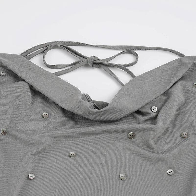 Dam Drapad Halterneck Cami Top – Djup V-ringning Knytrygg Y2K Slim Streetwear Sommar 2026, Grå S–L