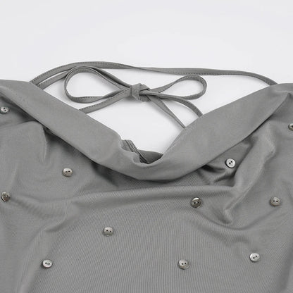 Dam Drapad Halterneck Cami Top – Djup V-ringning Knytrygg Y2K Slim Streetwear Sommar 2026, Grå S–L