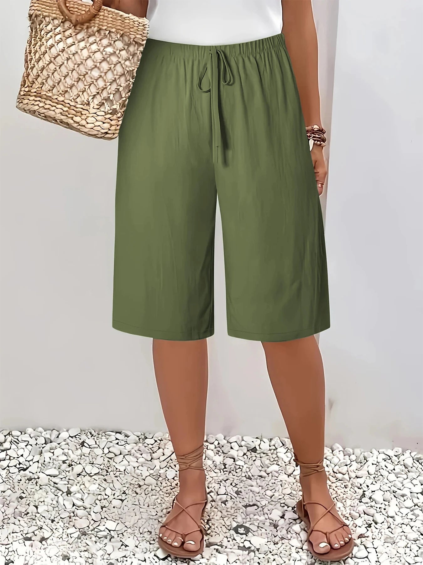 Dam Wide Leg Byxor Knälång – Elastisk Midja Dragsko Casual Vår/Sommar, 5 Färger S–XXL