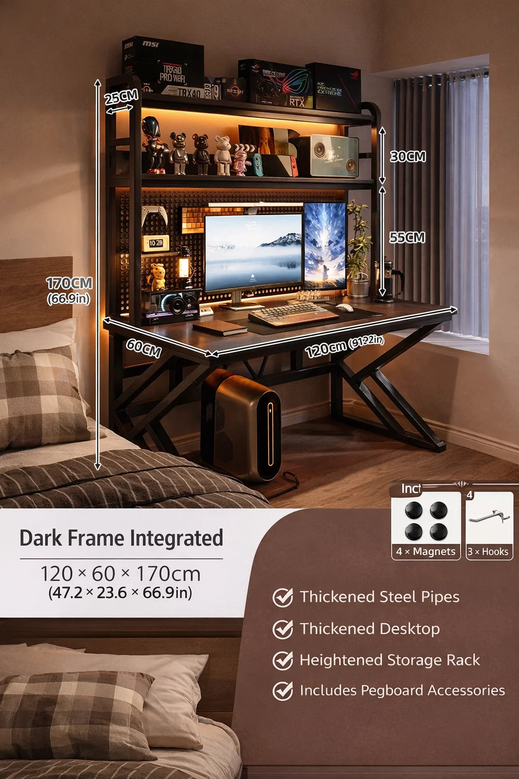 Gaming Desk with Bookshelf and Pegboard Computer Desk with Storage Shelf Home Office Study Desk for Bedroom Small Space