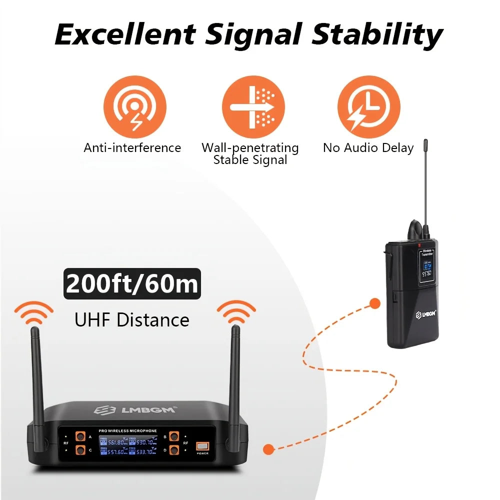 LMBGM-D44 Wireless Microphone System 4 Channel Lavalier/Headset Mic UHF Fixed Dual Band Wireless Set for Church Wedding Party