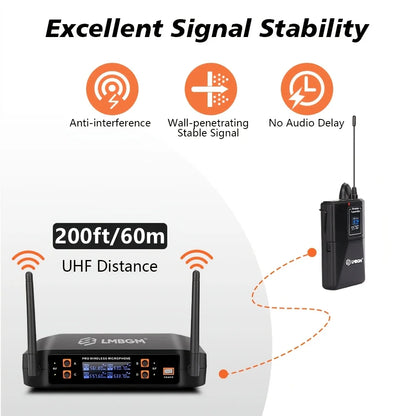 LMBGM-D44 Wireless Microphone System 4 Channel Lavalier/Headset Mic UHF Fixed Dual Band Wireless Set for Church Wedding Party