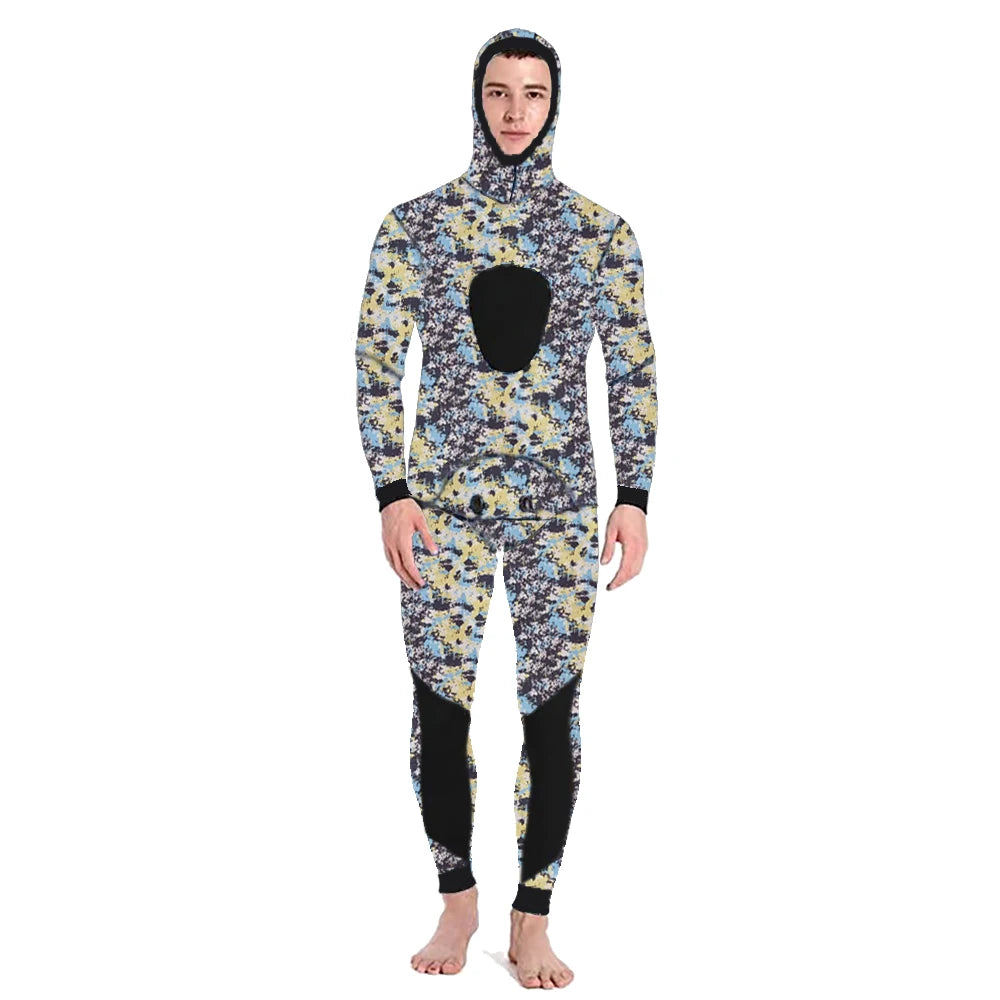 HOT Camouflage Long Sleeve Fission Hooded 2 Pieces Of 1.5/3MM Neoprene Submersible Suit For Men Keep Warm Waterproof Diving Suit