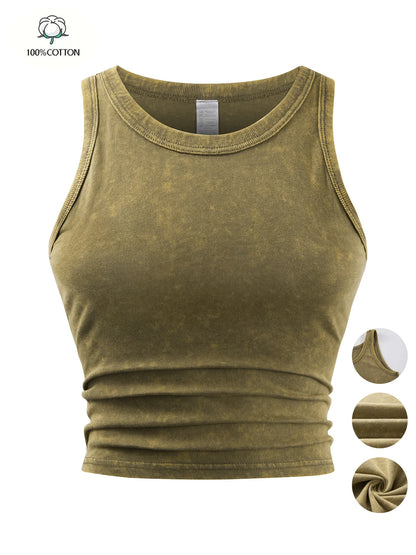 Dam Y2K Bomull Linne Crop Top – Tight Washed Streetwear Casual Sommar, 10 Färger M–XXL