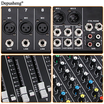 Audio Mixer 6/8/12 Channels Professional DJ Mixer LR Microphone/Line Input, AUX, FX Processor MP3, Headphones, +48V Phantom