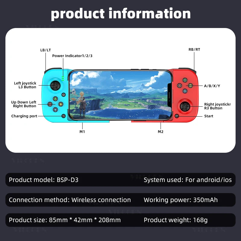 D3 Mobile Gamepad Wireless Game Controller for Cell Phone for iphone/Samsung/Android/Switch Stretching Joystick with Turbo Macro