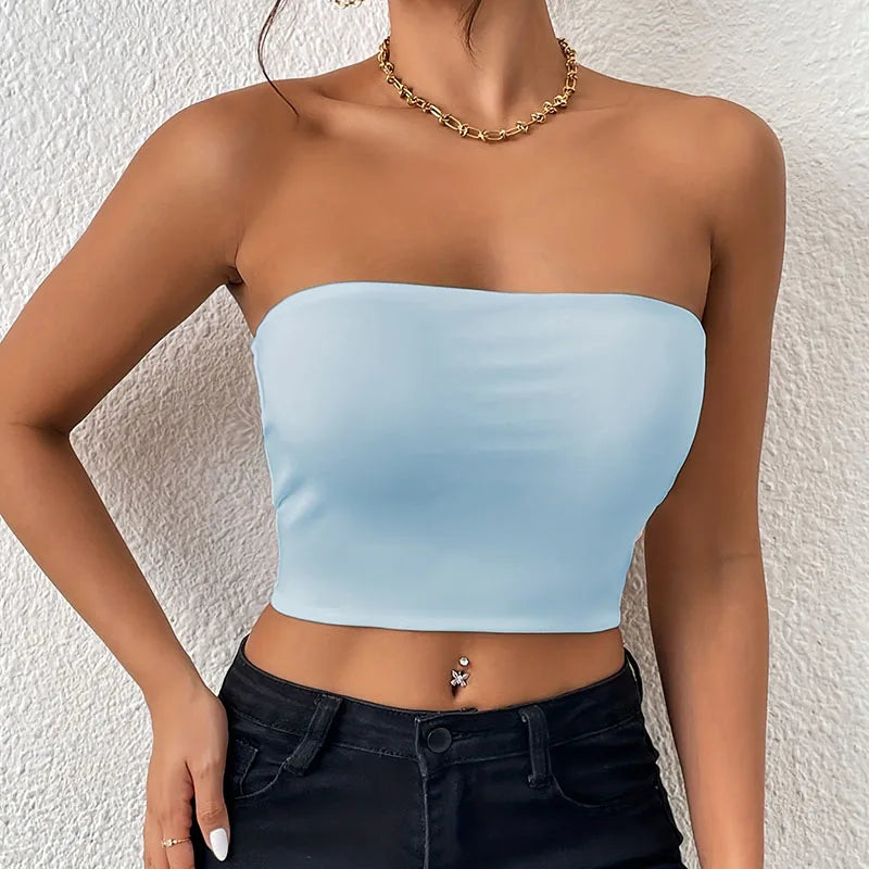 Dam Issilke Crop Top Sömlös – Axelbandslös Halkfri Tunn Andningsbar Sommar, 13 Färger XS–L