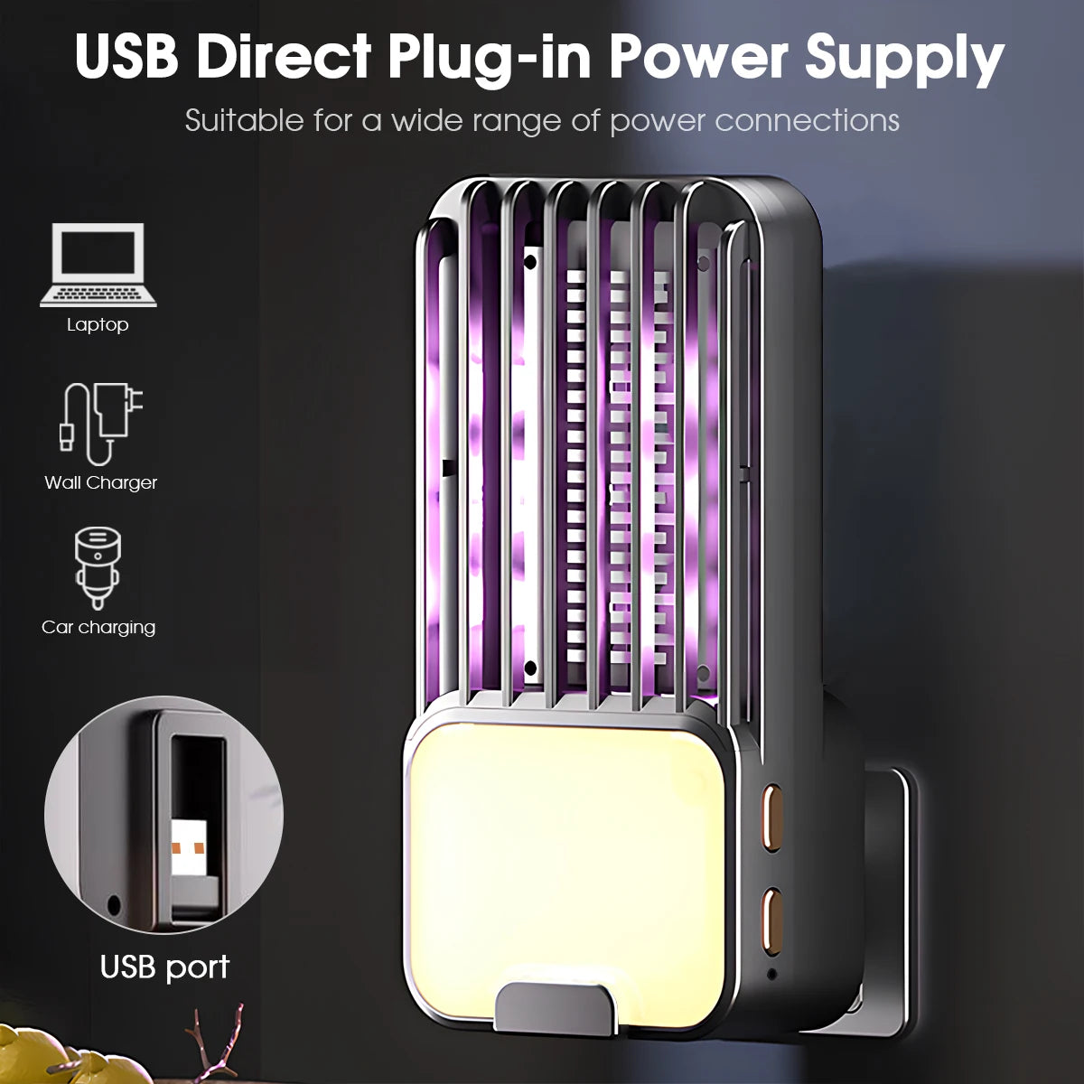 Electric Mosquito Trap USB 3 Adjustable Modes Plug-in Bug Zapper Night Light Indoor Pest Control for Bedroom Kitchen