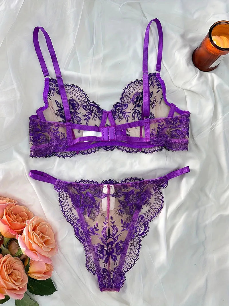 Conjunto Lencería Bordado Floral Transparente Aro Rejilla Copa Fina Sujetador Push Up Estilo Puro Deseo Ropa Interior Mujer S-XL