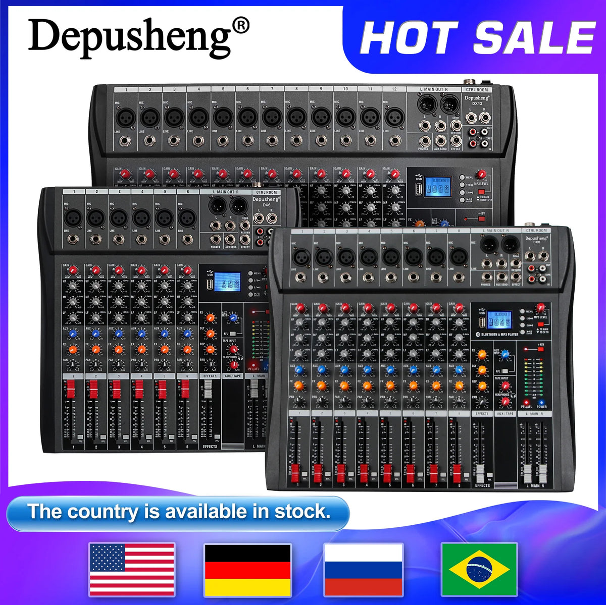Depusheng DX-seriens ljudmixer med Bluetooth, USB och 3-bands EQ
