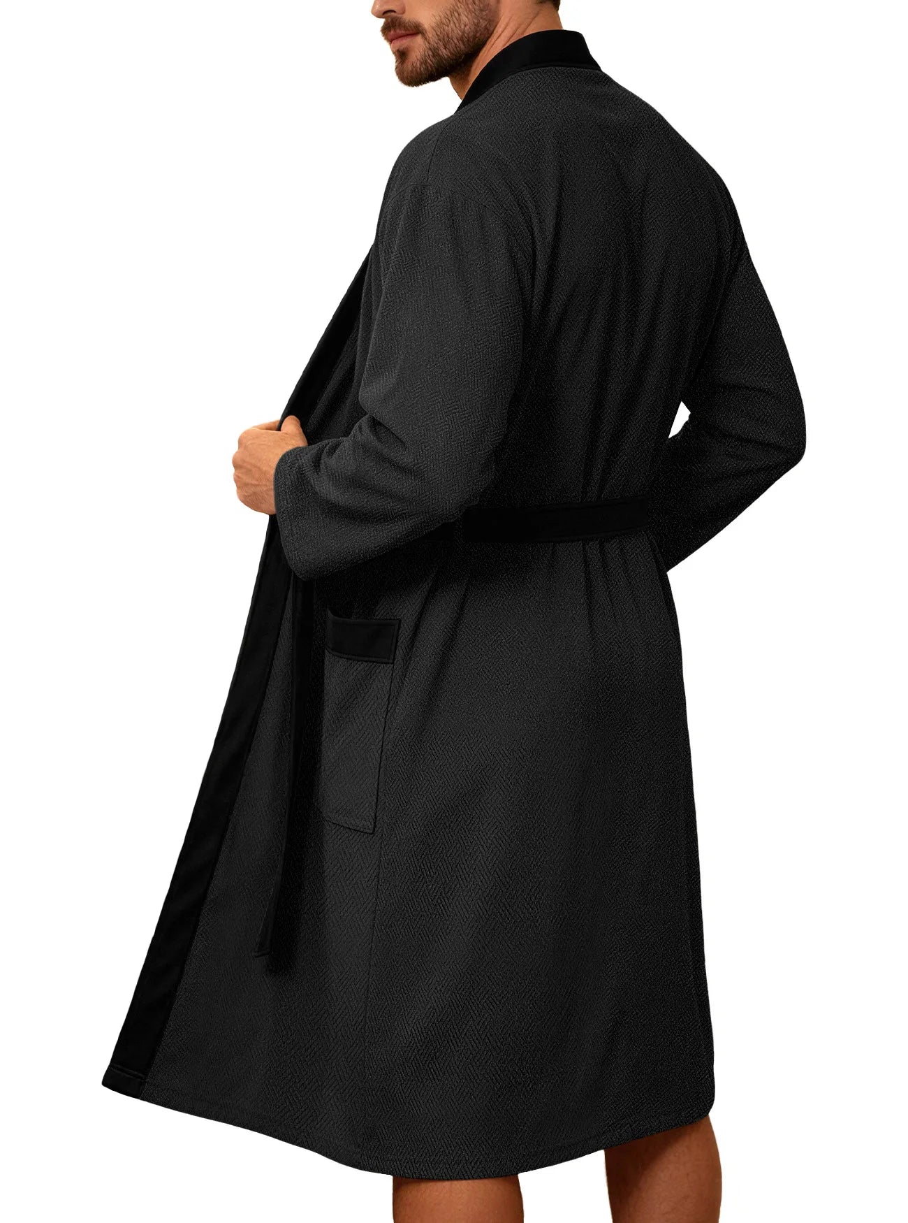 Men's Twill Fabric Long Bathrobe with Belt Design, Double Pockets, Casual Home Pajamas, Loose Fit, Hotel Resort Style, Nightwear