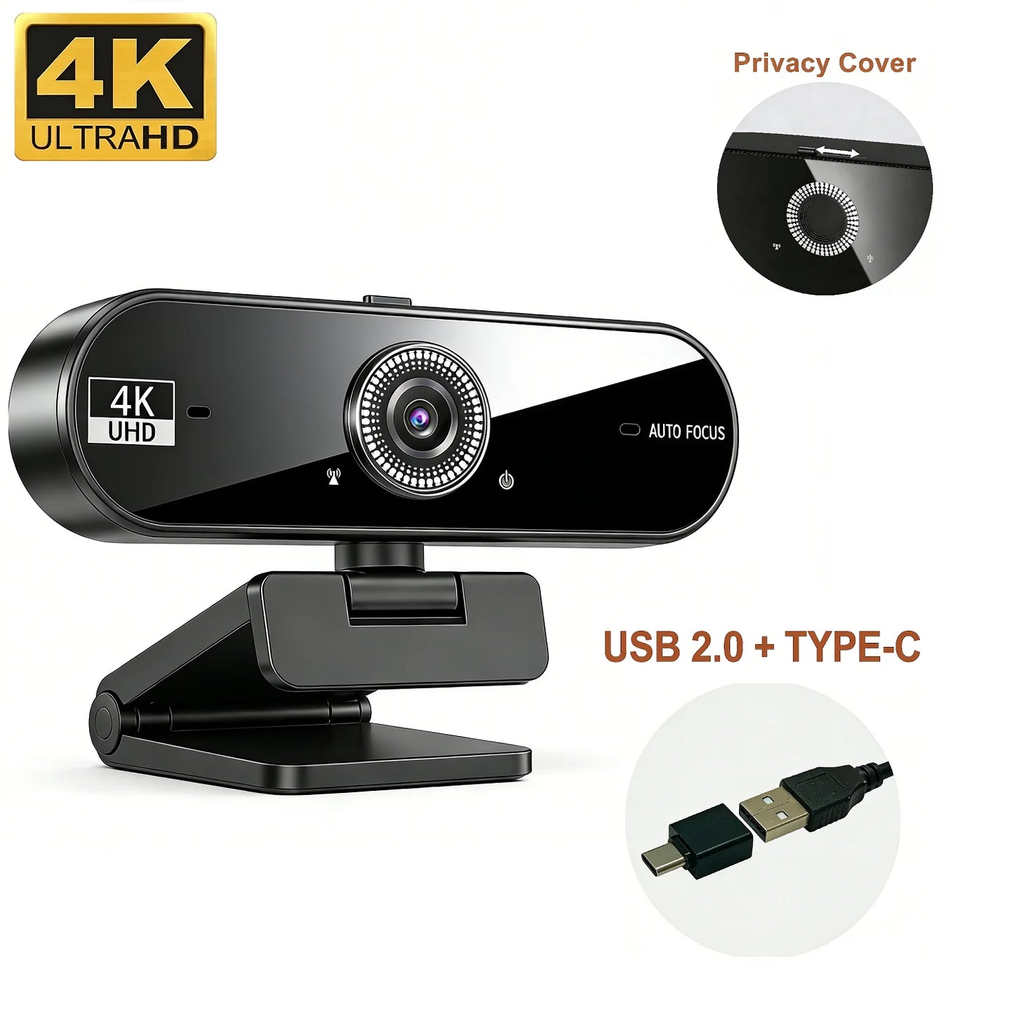 4K Webcam for PC 30fps Autofocus Web Camera With Noise Reducing Microphone Privacy Cover Auto Exposure USB 2.0 Type-C Adapter