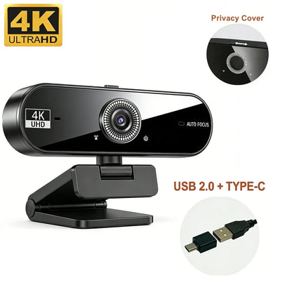 4K Webcam for PC 30fps Autofocus Web Camera With Noise Reducing Microphone Privacy Cover Auto Exposure USB 2.0 Type-C Adapter