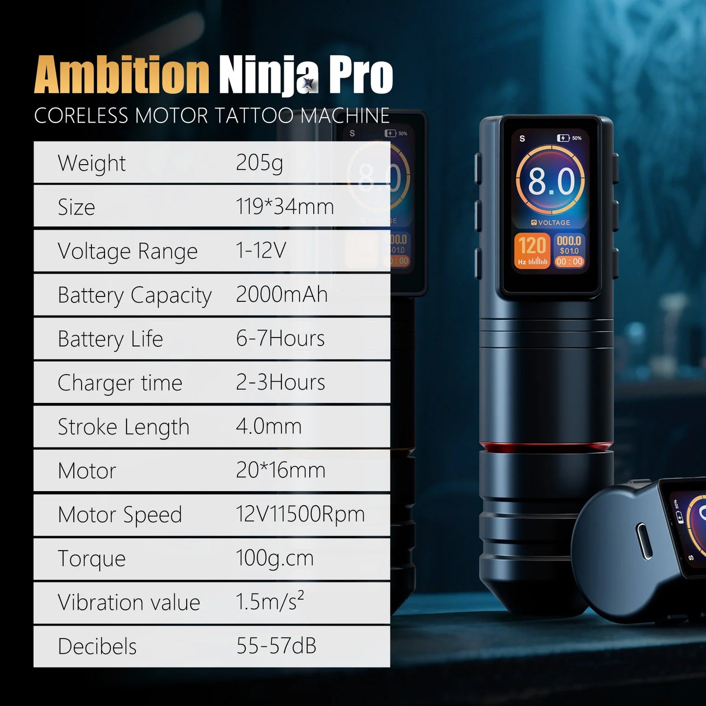 Ambition Ninja Pro+ Wireless Tattoo Machine Billing Battery Professional Rotary Pen Strong Coreless Motor 2000mAh for Artister