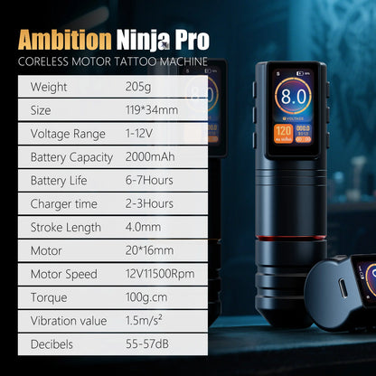 Ambition Ninja Pro+ Wireless Tattoo Machine Billing Battery Professional Rotary Pen Strong Coreless Motor 2000mAh for Artister