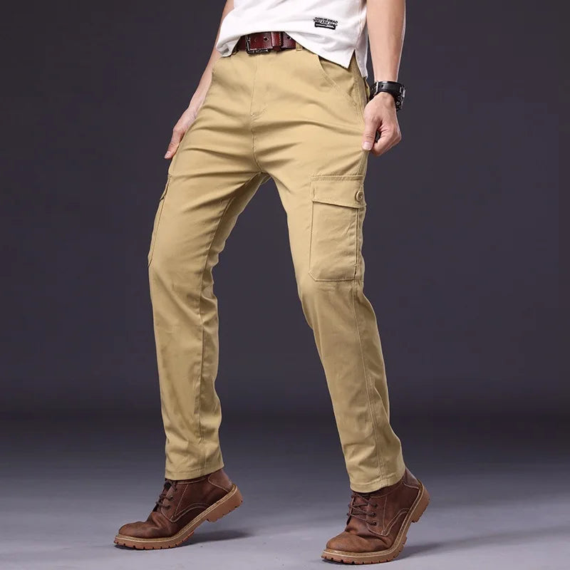 Male New Men Cotton Autumn Winter Patchwork Cargo Pants Multi Pocket Straight Tactical Work Outdoor Daily Wear Trousers 4 Colors