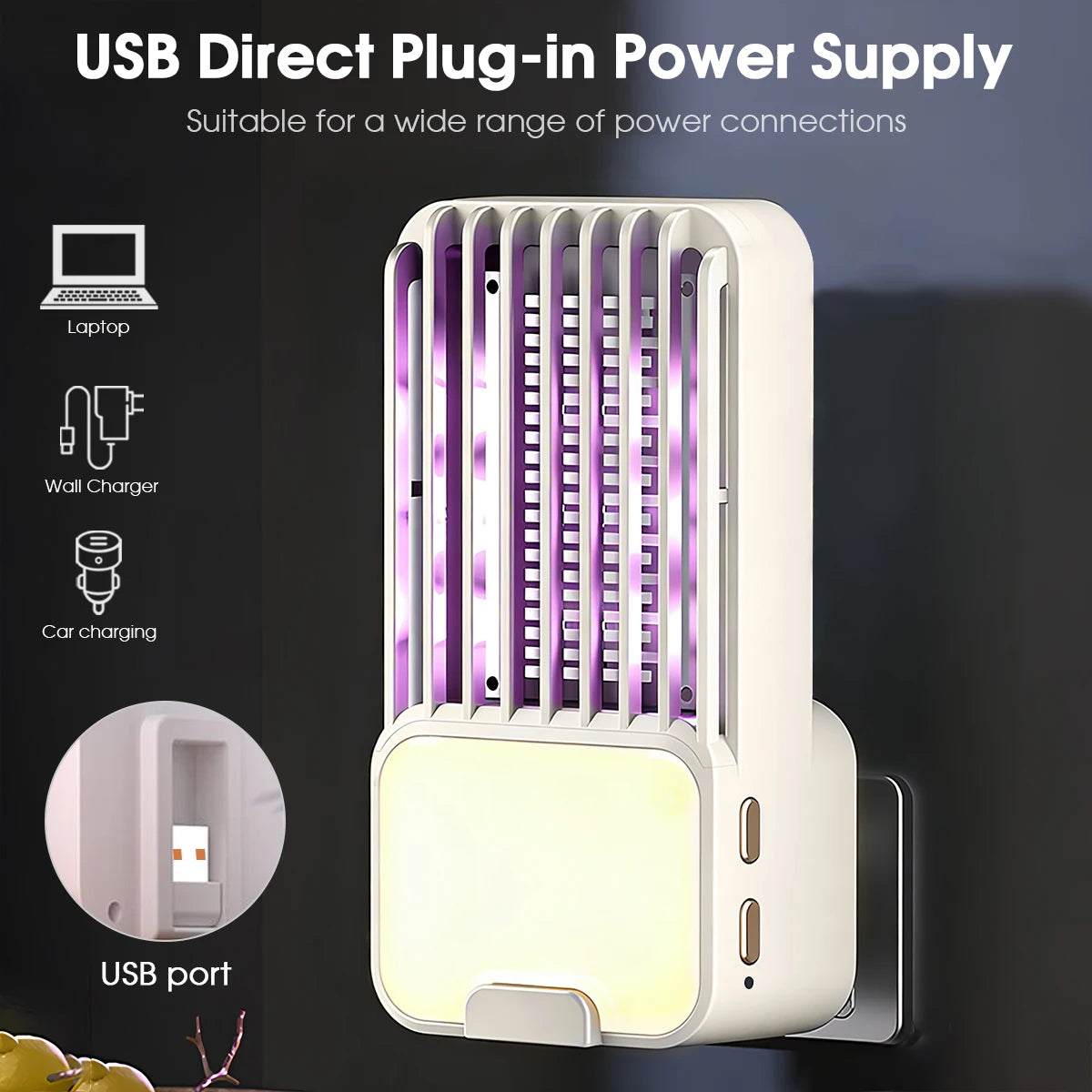 Electric Mosquito Trap USB 3 Adjustable Modes Plug-in Bug Zapper Night Light Indoor Pest Control for Bedroom Kitchen